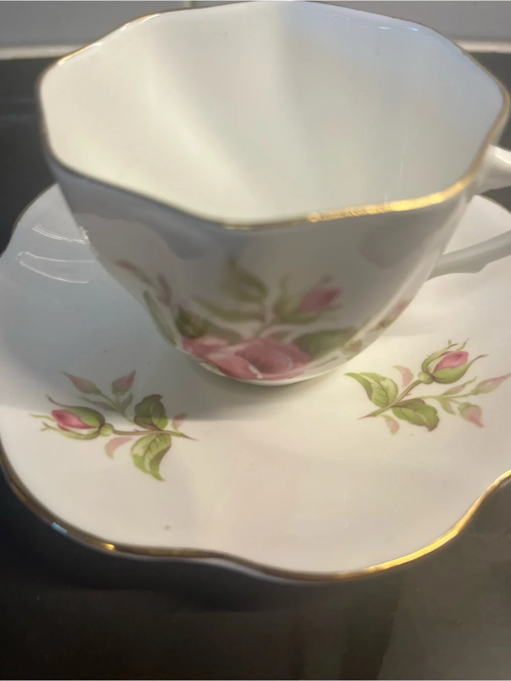 Porcelain Tea Cup & Saucer Set with Pink Rose Design and Gold Trim